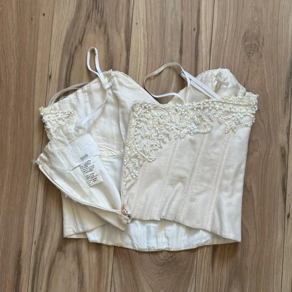 1990’s Vintage Cream Ivory Boning Zip Up Beaded Sweetheart Bridal Bodice Top - Picture 6 of 8